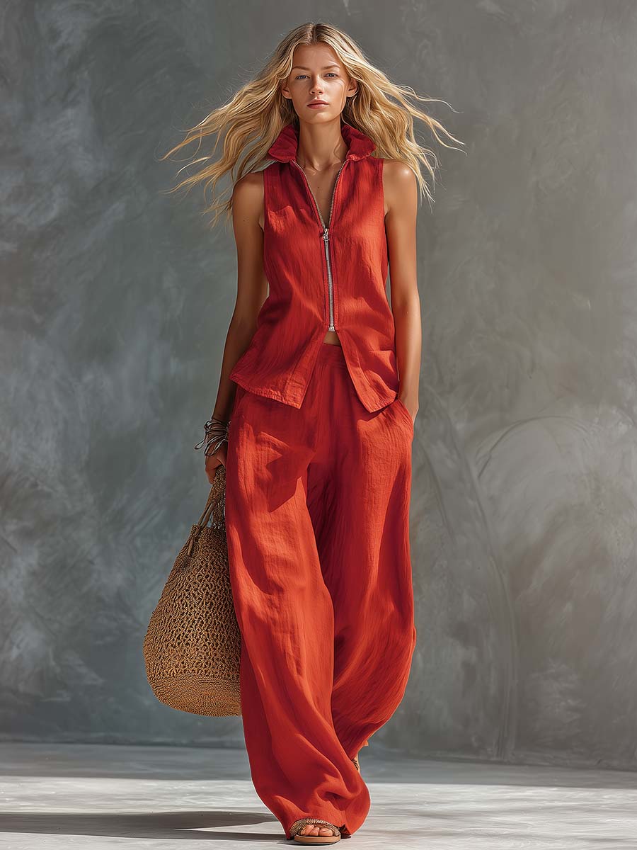 Casual Retro Holiday Sunset Red Cotton Linen Lapel Front-Zip Top and Trousers Set