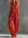 Casual Retro Holiday Sunset Red Cotton Linen Lapel Front-Zip Top And Trousers Set