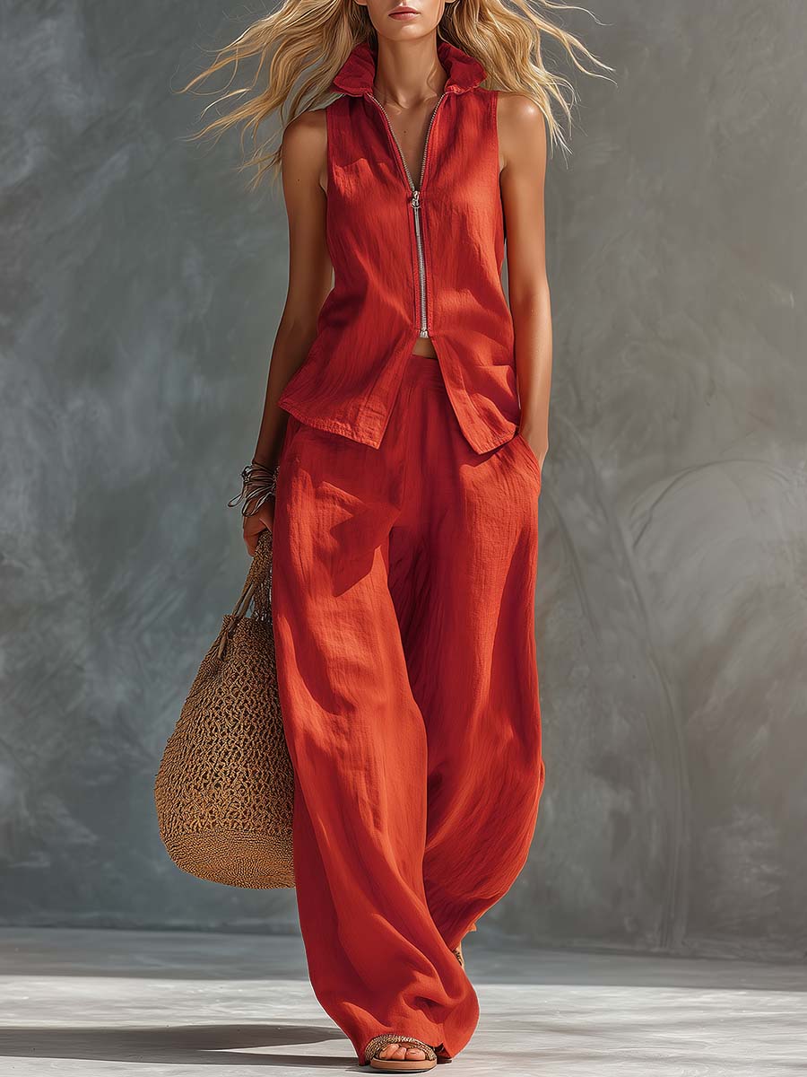 Casual Retro Holiday Sunset Red Cotton Linen Lapel Front-Zip Top and Trousers Set