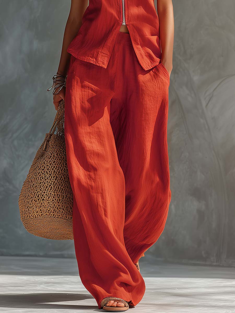 Casual Retro Holiday Sunset Red Cotton Linen Lapel Front-Zip Top and Trousers Set
