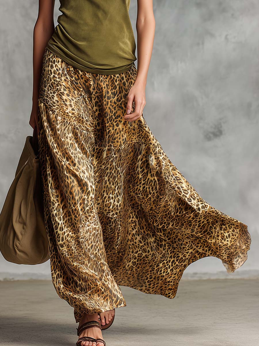 Retro Western Olive Green Faux Suede Top and Flowing Leopard Print Chiffon Skirt Set
