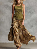 Retro Western Olive Green Faux Suede Top and Flowing Leopard Print Chiffon Skirt Set