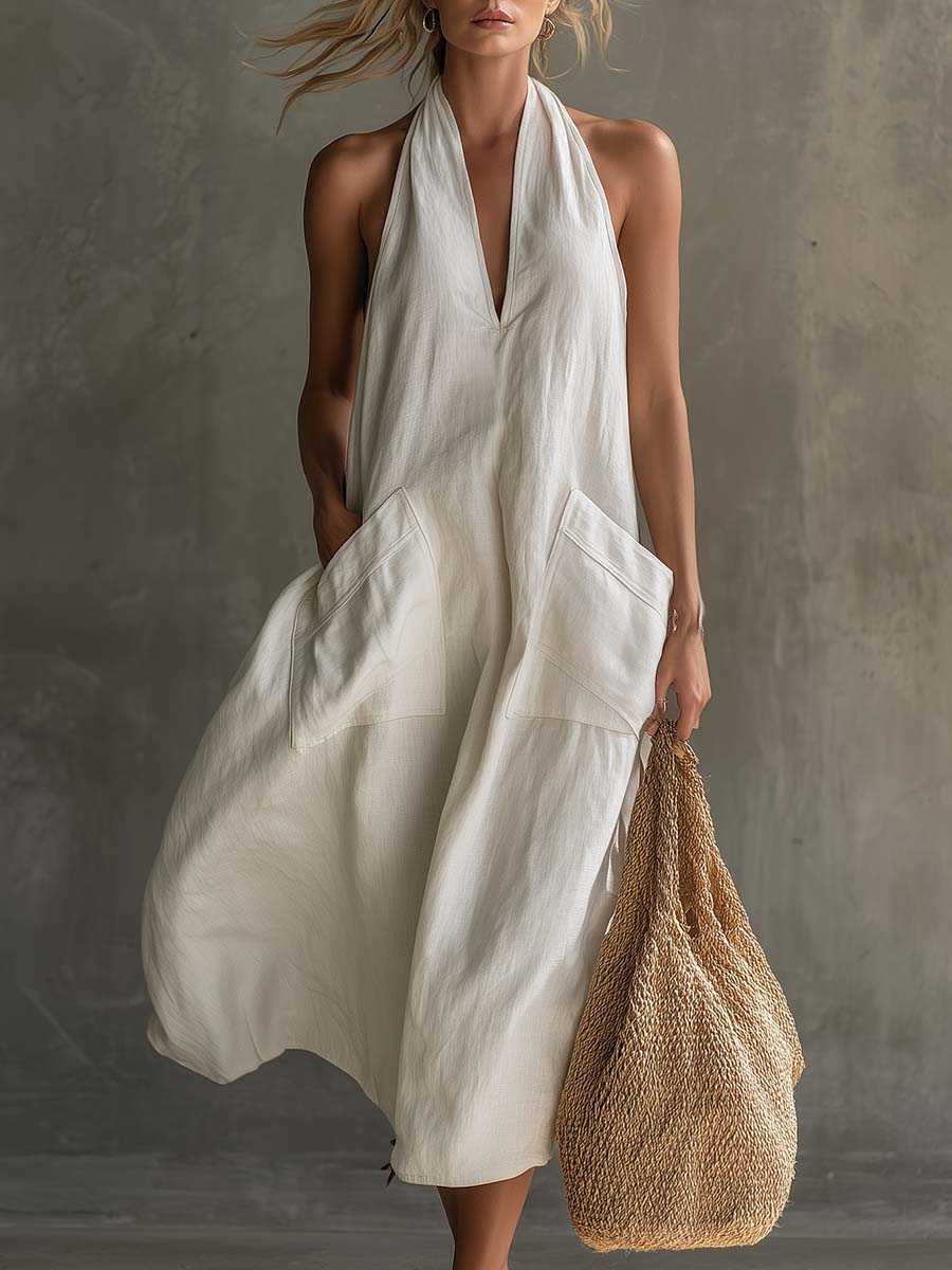 Casual Retro Vacation V-Neck Patch Pockets White Cotton Linen Midi Dress