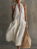 Casual Retro Vacation V-Neck Patch Pockets White Cotton Linen Midi Dress