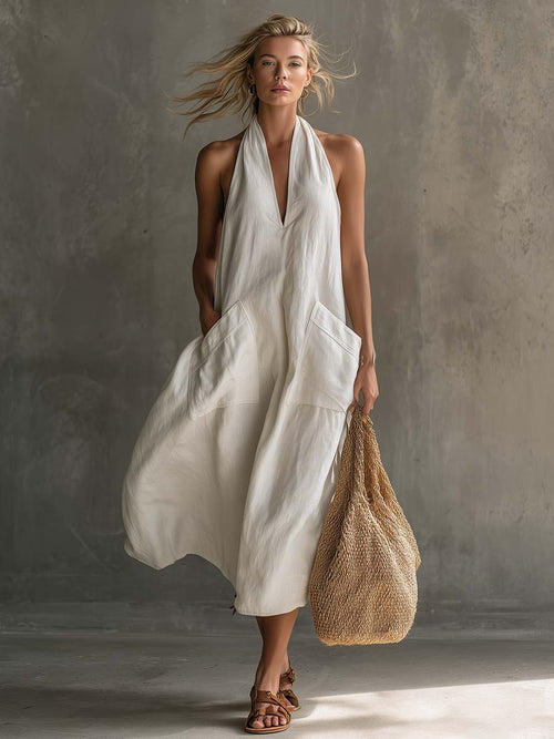Casual Retro Vacation V-Neck Patch Pockets White Cotton Linen Midi Dress