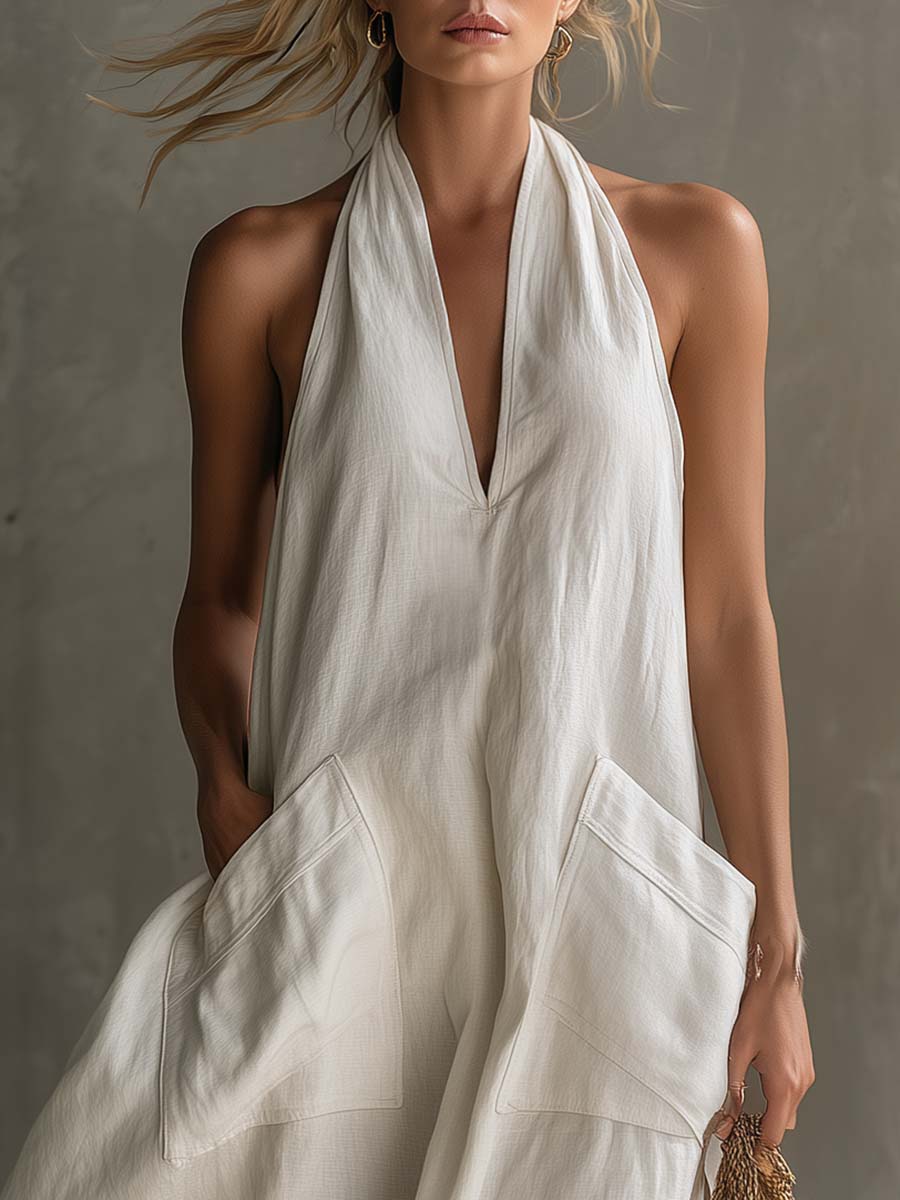 Casual Retro Vacation V-Neck Patch Pockets White Cotton Linen Midi Dress