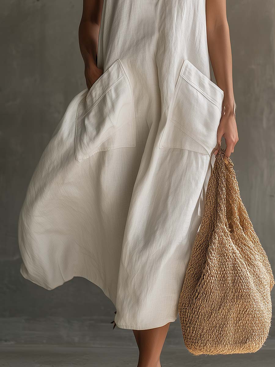 Casual Retro Vacation V-Neck Patch Pockets White Cotton Linen Midi Dress
