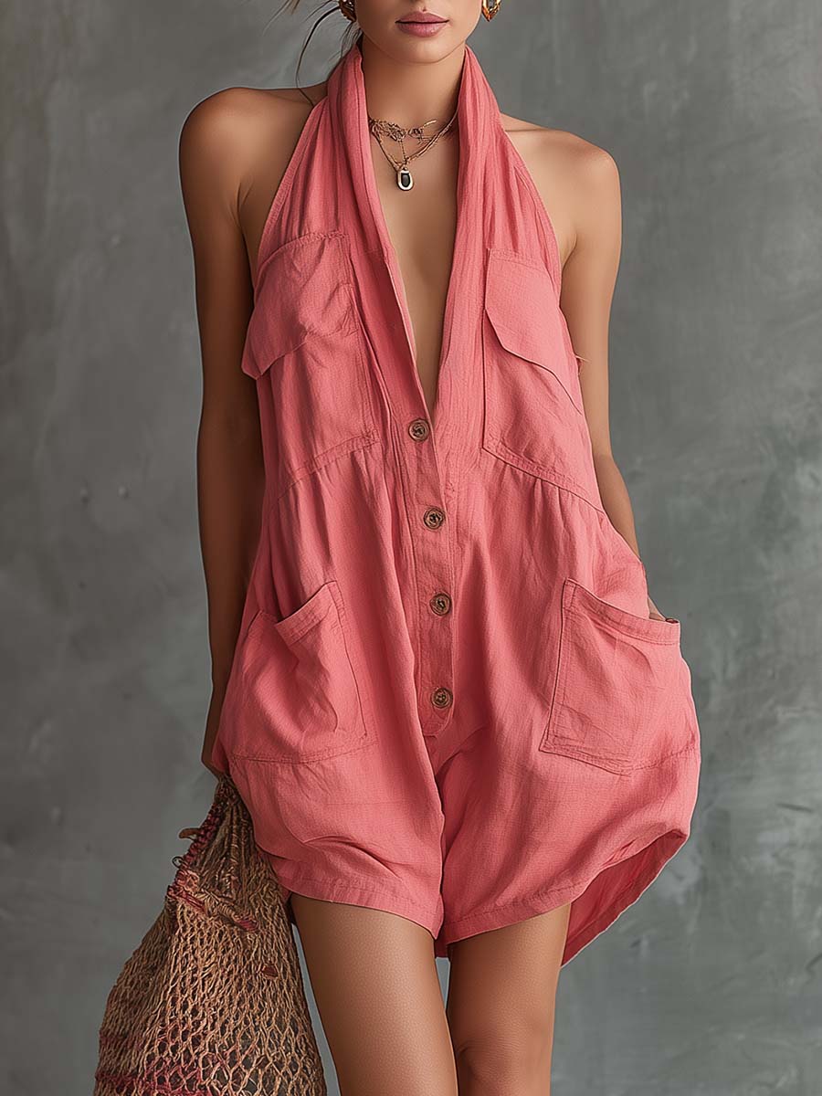 Retro Casual Vacation Halter-Neck V-Neck Front Buttons Pink Cotton Shorts Jumpsuit