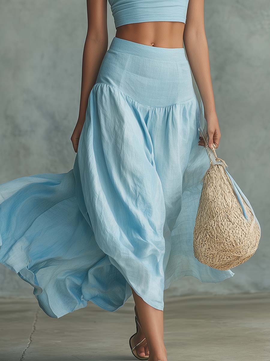 Elegant Flowing Light Blue Short-Sleeve T-Shirt and Cotton-Linen Low-Waist Skirt Set