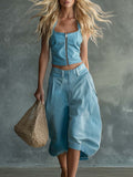 Personality Retro Western Holiday Light Blue Denim Zip-Up Top and Bermuda Shorts Set