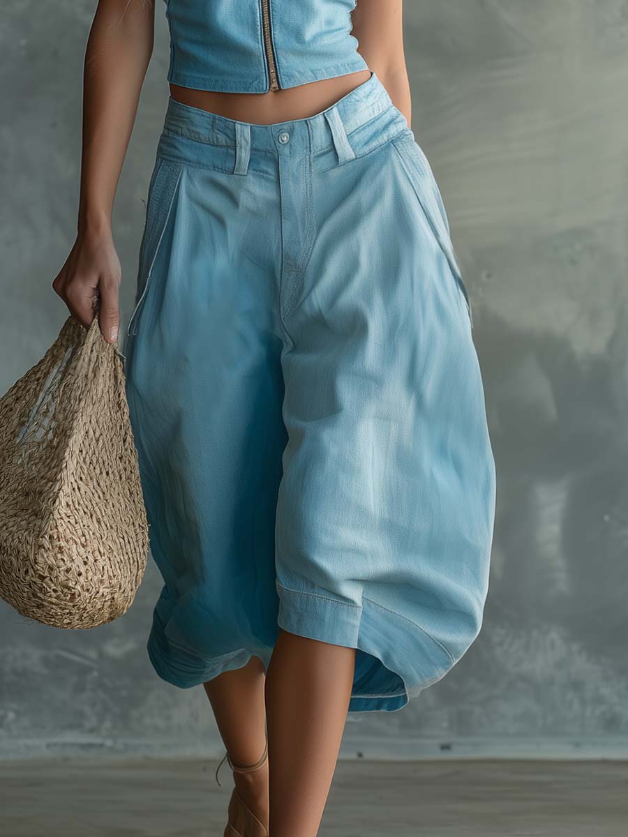 Personality Retro Western Holiday Light Blue Denim Zip-Up Top And Bermuda Shorts Set