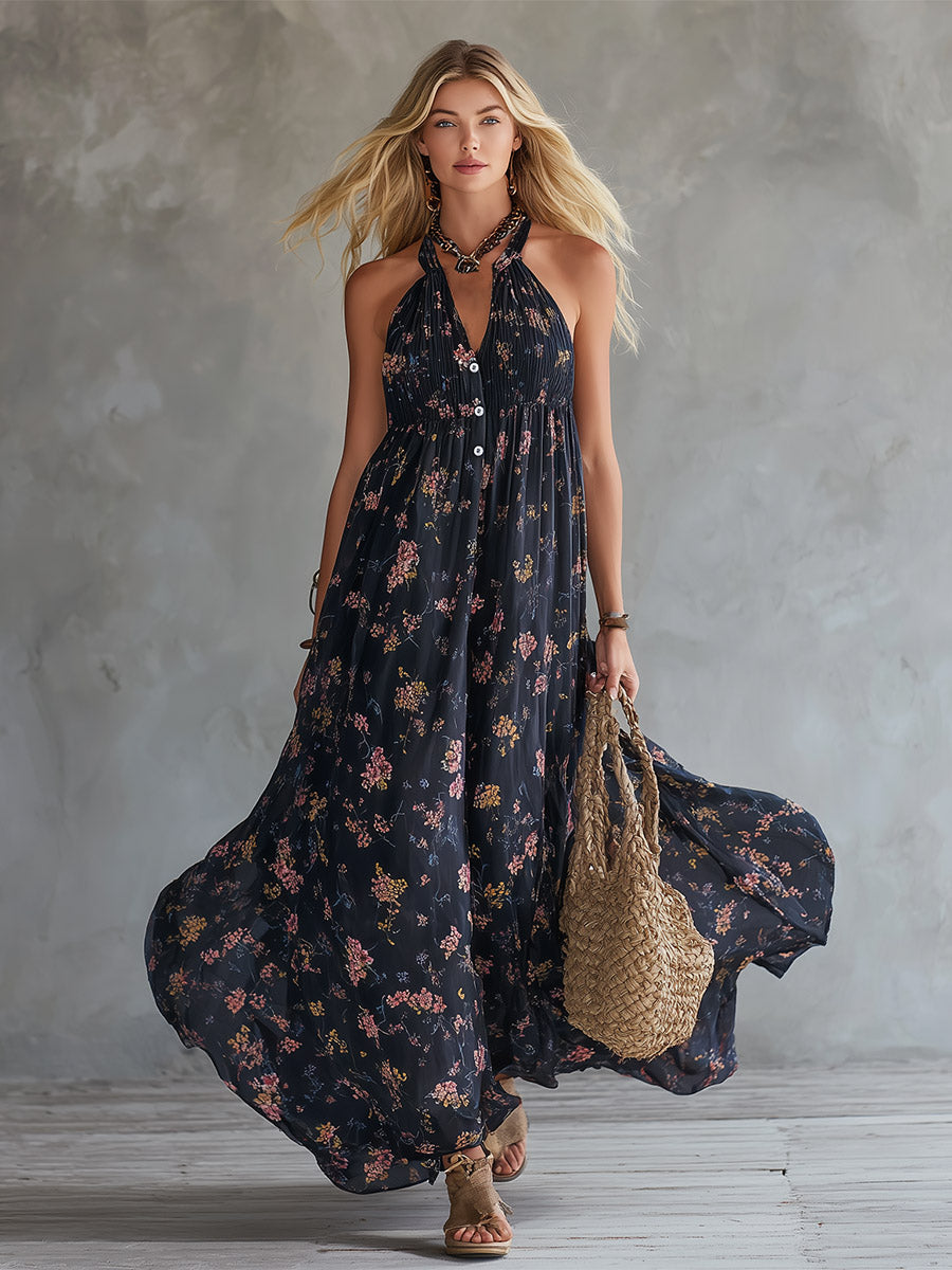 Retro Urban Silhouette Black Floral Print Chiffon Sleeveless Maxi Dress