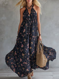 Retro Urban Silhouette Black Floral Print Chiffon Sleeveless Maxi Dress