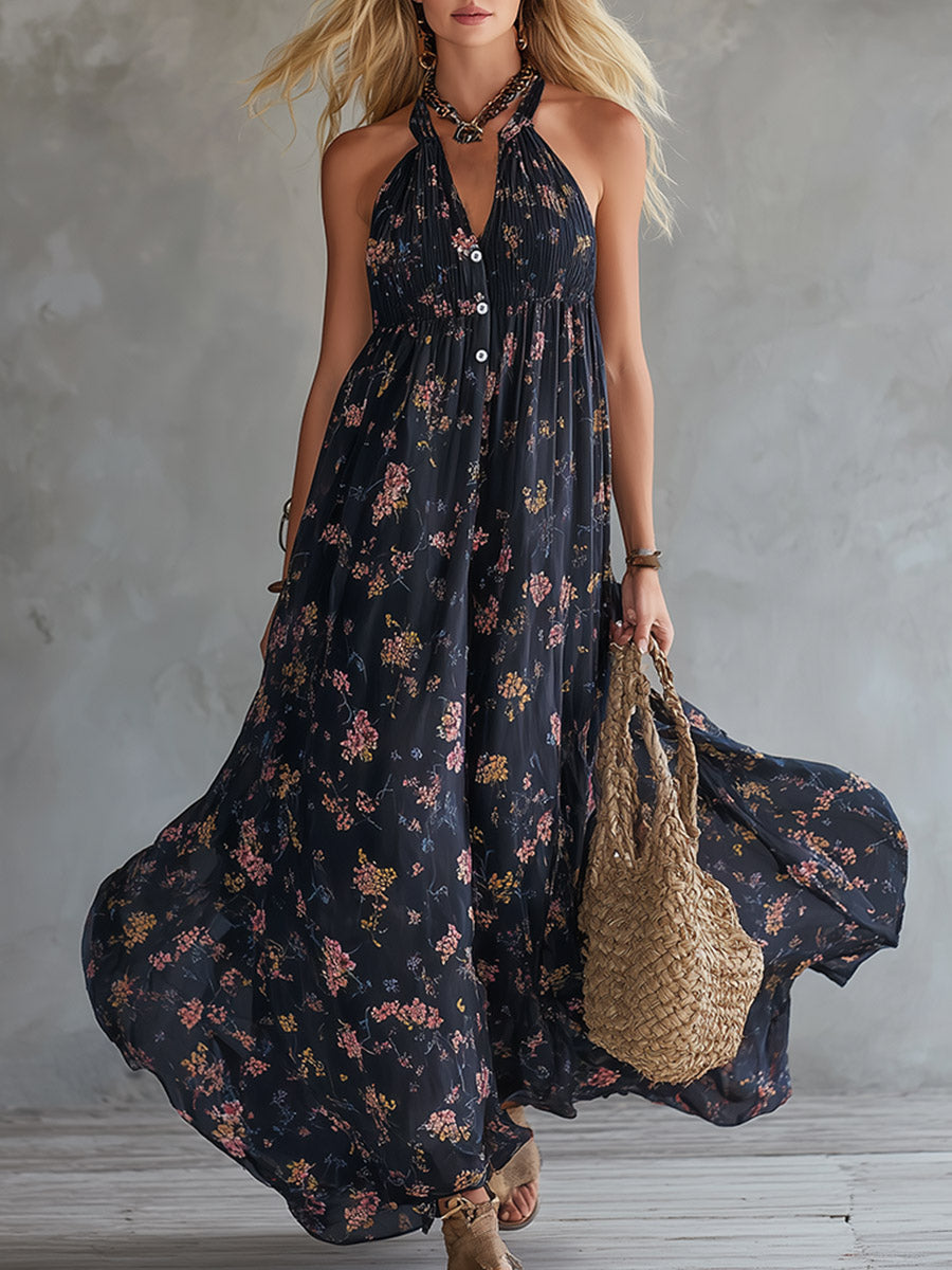 Retro Urban Silhouette Black Floral Print Chiffon Sleeveless Maxi Dress