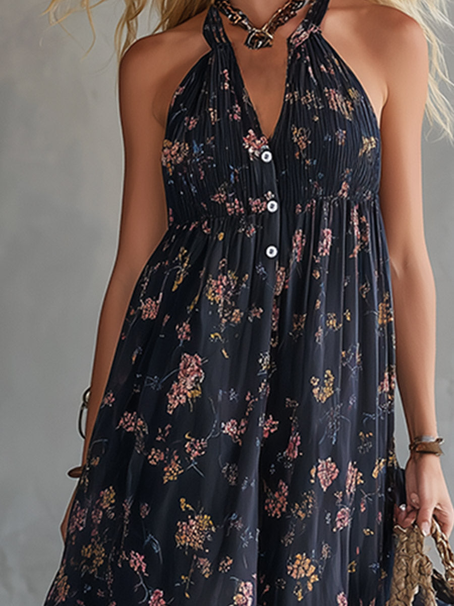 Retro Urban Silhouette Black Floral Print Chiffon Sleeveless Maxi Dress