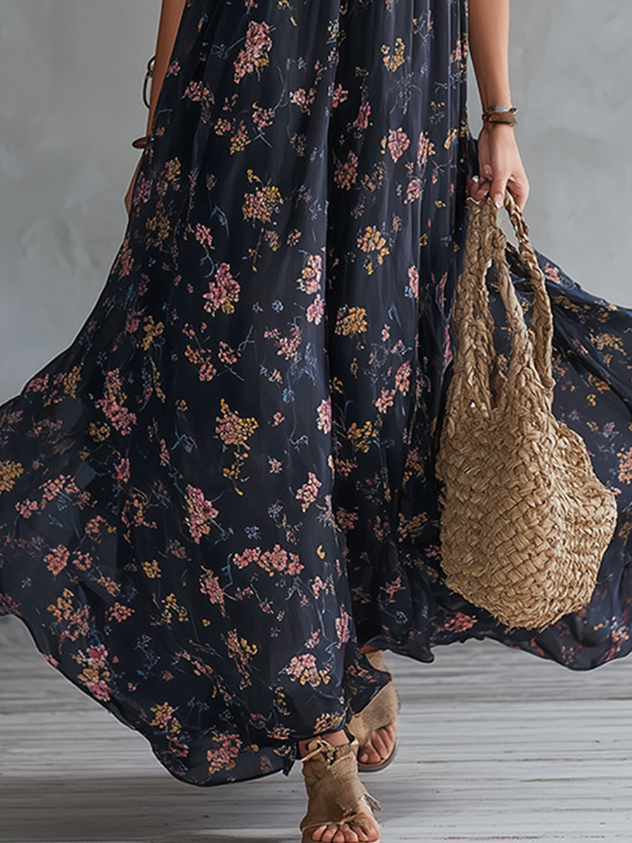 Retro Urban Silhouette Black Floral Print Chiffon Sleeveless Maxi Dress