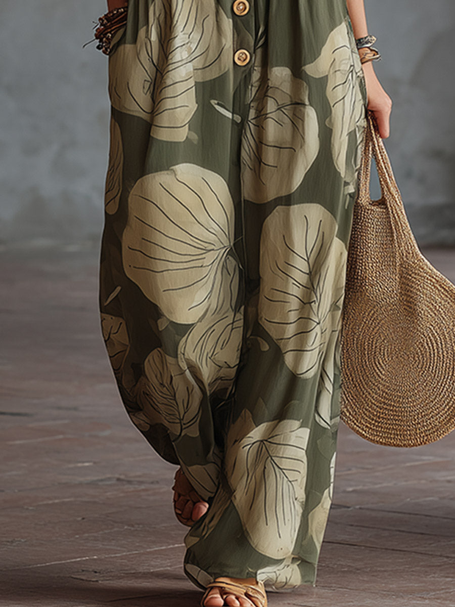 Chic Retro Green Floral-Print Chiffon Spaghetti-Strap Silhouette Sleeveless Jumpsuit