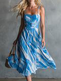 Retro-chic Square Neck Button Striped Print Chiffon Midi Dress
