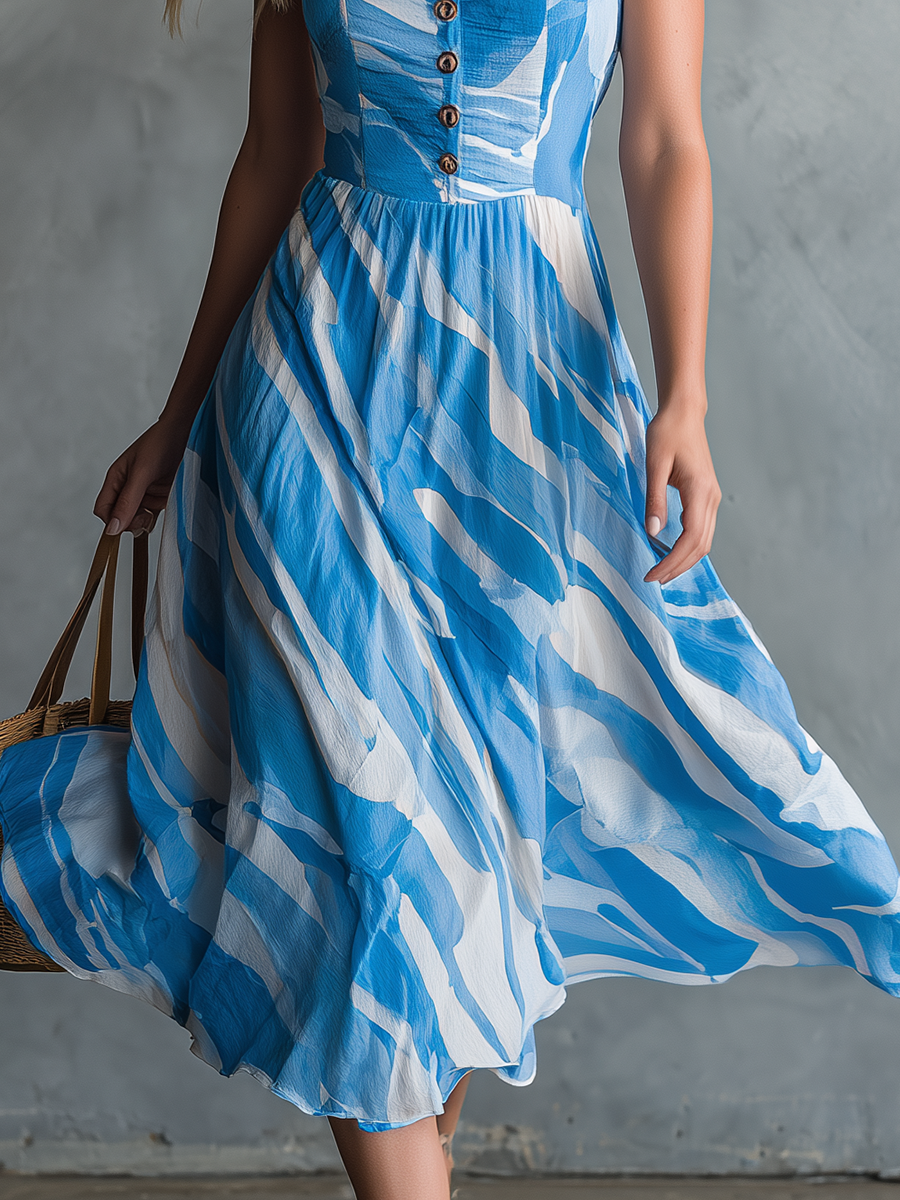 Retro-chic Square Neck Button Striped Print Chiffon Midi Dress