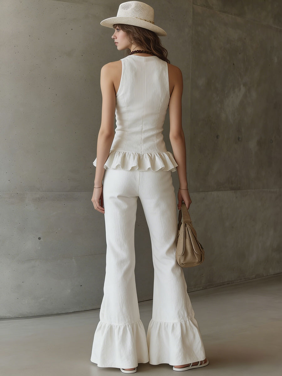 Casual Retro White Cotton and Linen Ruffled Top and Flared Trousers Set