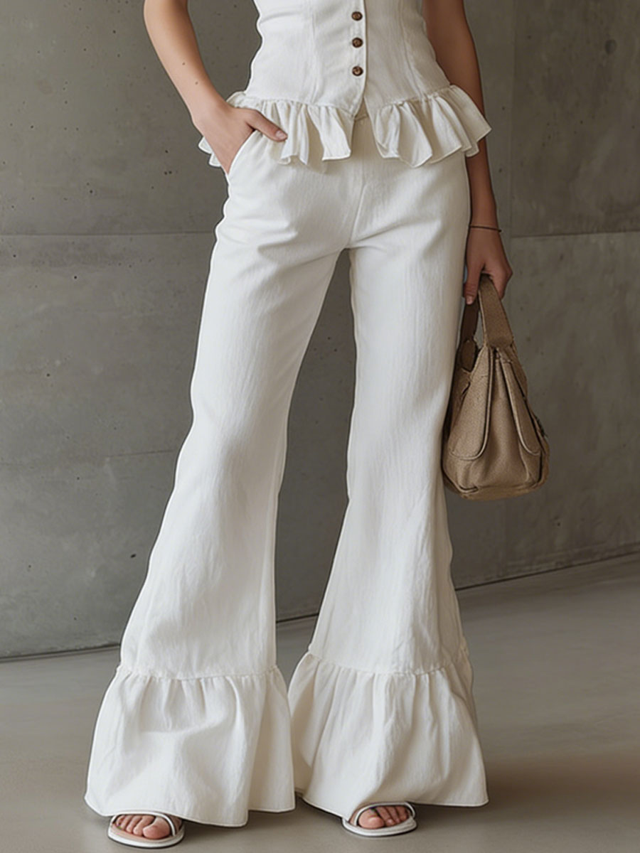Casual Retro White Cotton and Linen Ruffled Top and Flared Trousers Set