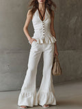 Casual Retro White Cotton And Linen Ruffled Top And Flared Trousers Set