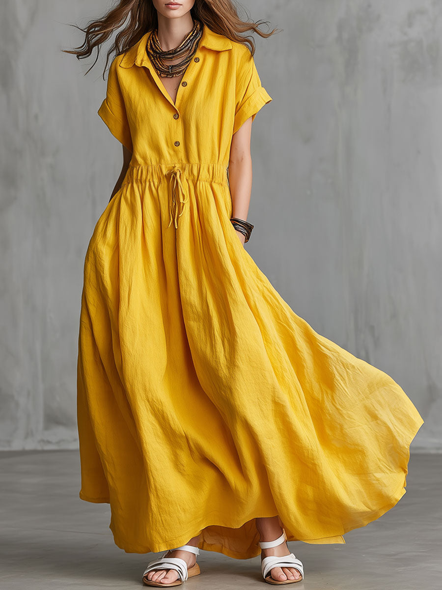 Vintage Yellow Cotton Linen Short-sleeved Maxi Dress