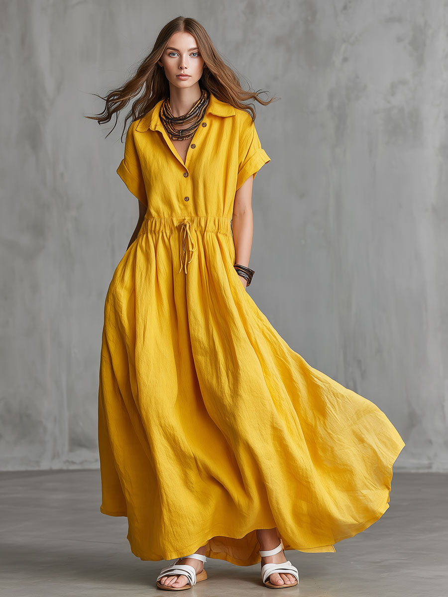 Vintage Yellow Cotton Linen Short-sleeved Maxi Dress