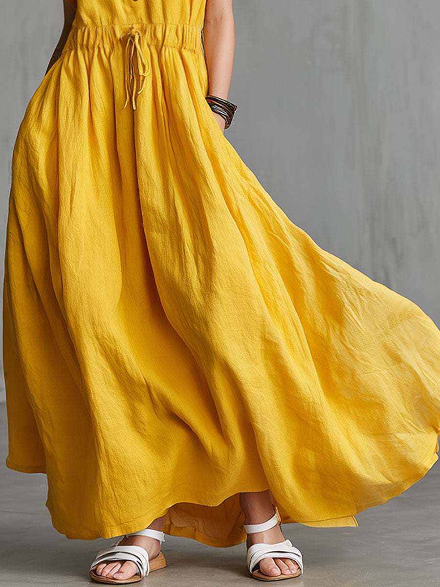 Vintage Yellow Cotton Linen Short-sleeved Maxi Dress