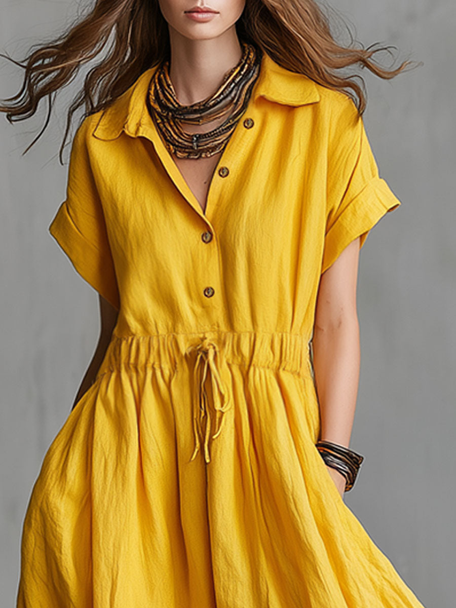 Vintage Yellow Cotton Linen Short-sleeved Maxi Dress