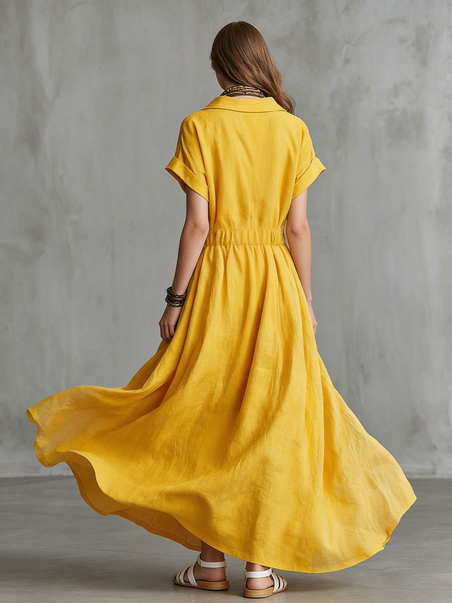 Vintage Yellow Cotton Linen Short-sleeved Maxi Dress