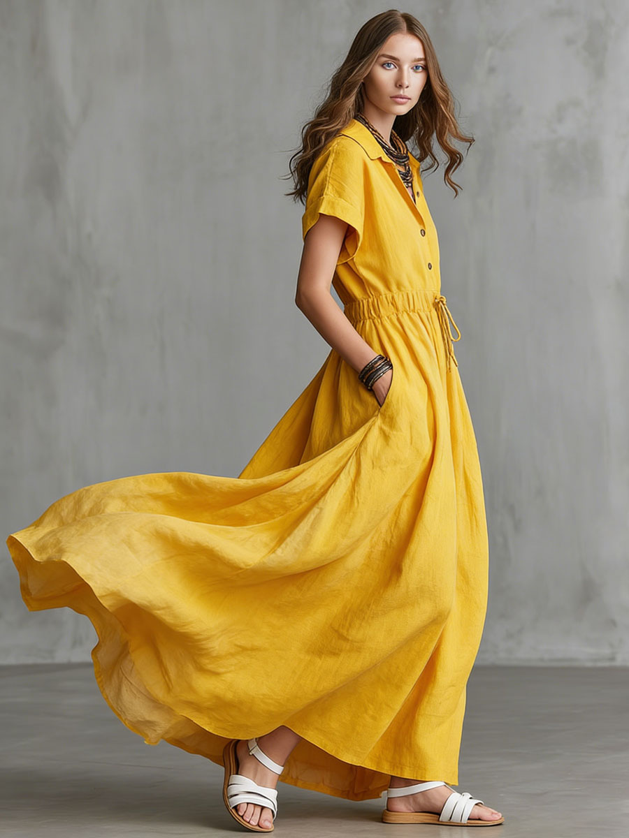 Vintage Yellow Cotton Linen Short-sleeved Maxi Dress