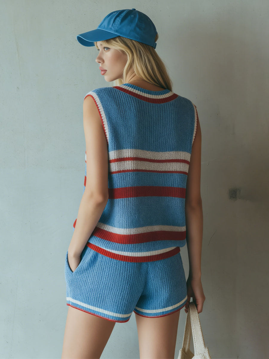 Colour-blocked Striped Knit V-neck Sleeveless Top And Shorts Set