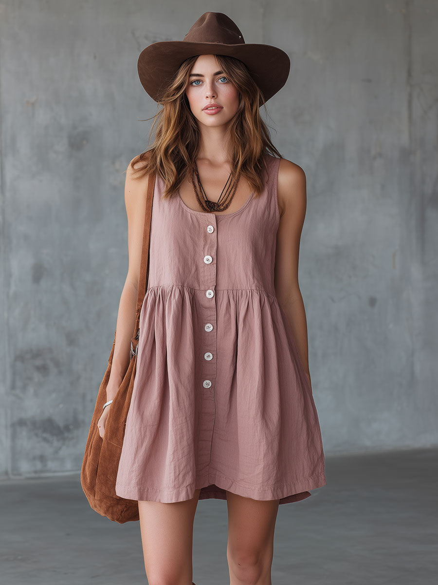 Casual Retro Grey-Pink Linen Sleeveless Mini Dress