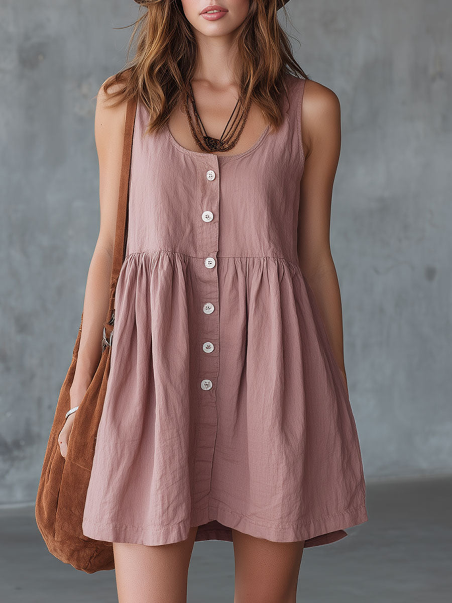 Casual Retro Grey-Pink Linen Sleeveless Mini Dress