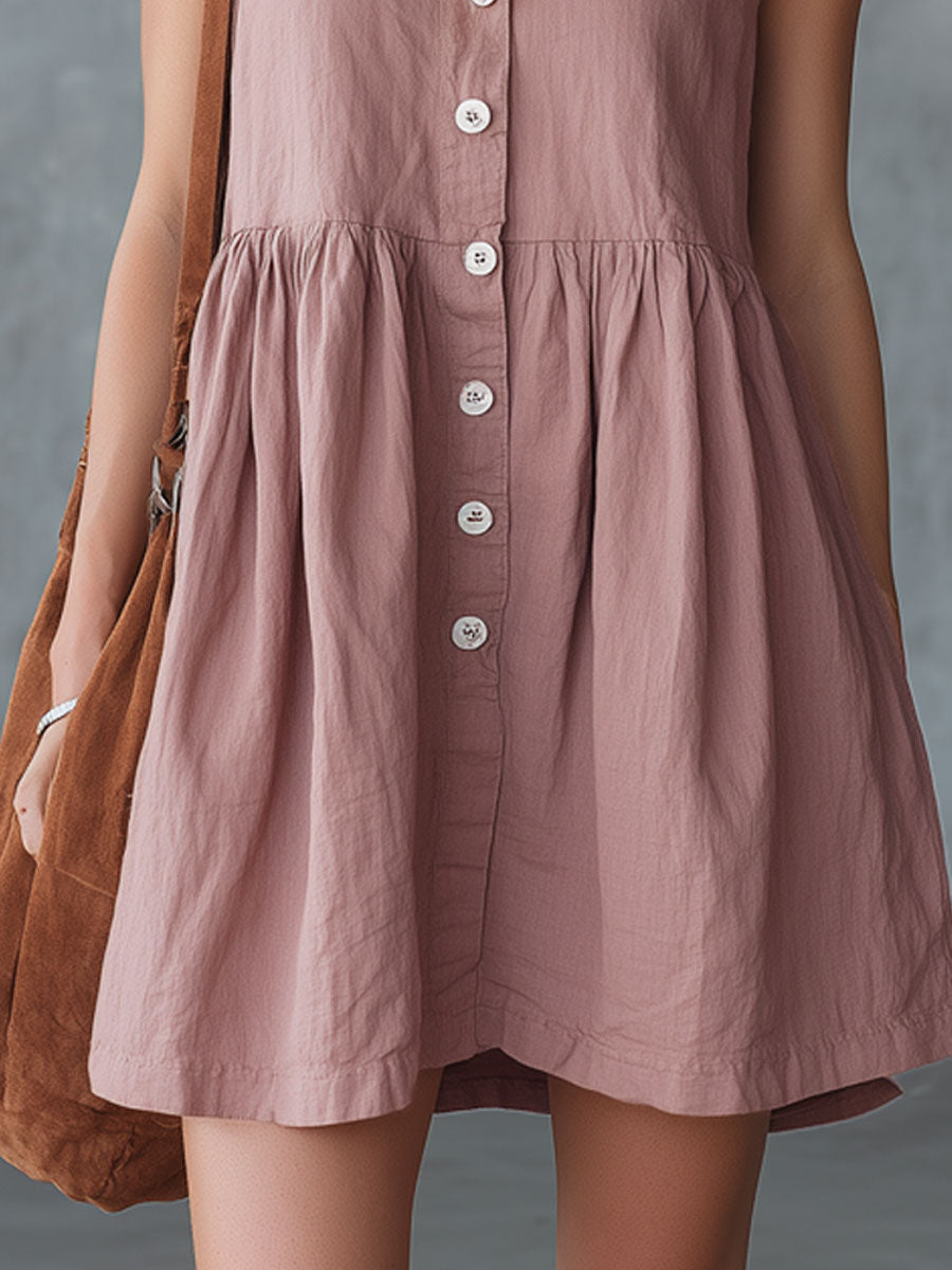 Casual Retro Grey-Pink Linen Sleeveless Mini Dress
