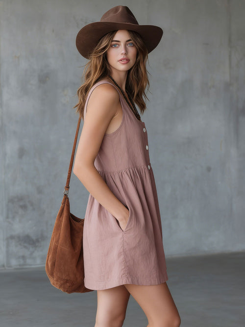 Casual Retro Grey-Pink Linen Sleeveless Mini Dress
