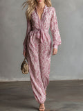Casual and Comfortable Long-sleeved V-neck Printed Chiffon Jumpsuit