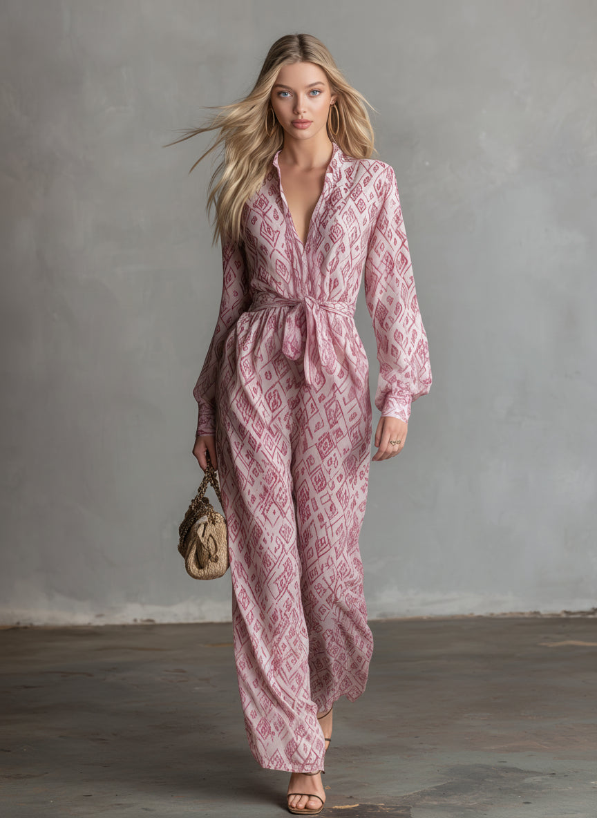 Casual and Comfortable Long-sleeved V-neck Printed Chiffon Jumpsuit