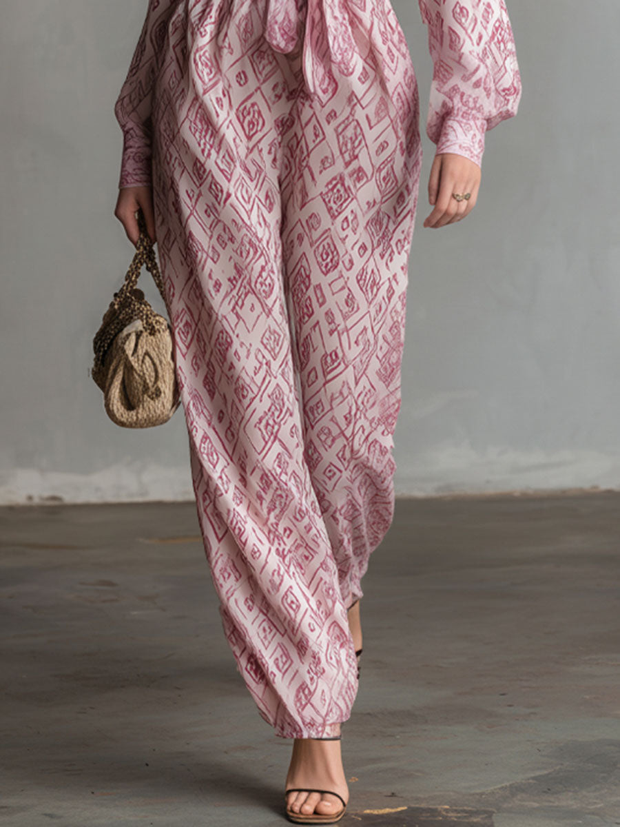 Casual and Comfortable Long-sleeved V-neck Printed Chiffon Jumpsuit