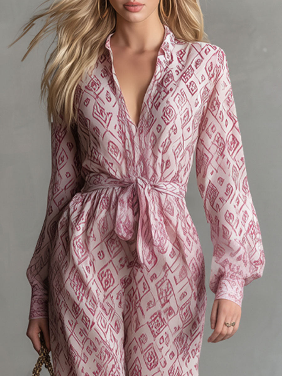 Casual and Comfortable Long-sleeved V-neck Printed Chiffon Jumpsuit