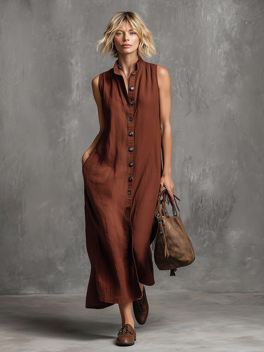 Elegant Retro Reddish-Brown Cotton-Linen Button-Front Sleeveless Maxi Dress