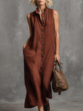 Elegant Retro Reddish-Brown Cotton-Linen Button-Front Sleeveless Maxi Dress