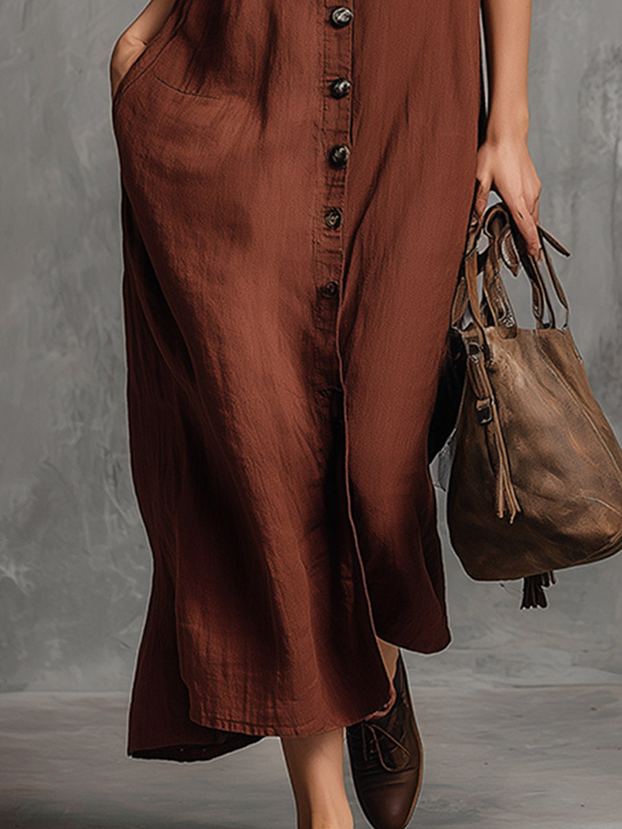 Elegant Retro Reddish-Brown Cotton-Linen Button-Front Sleeveless Maxi Dress