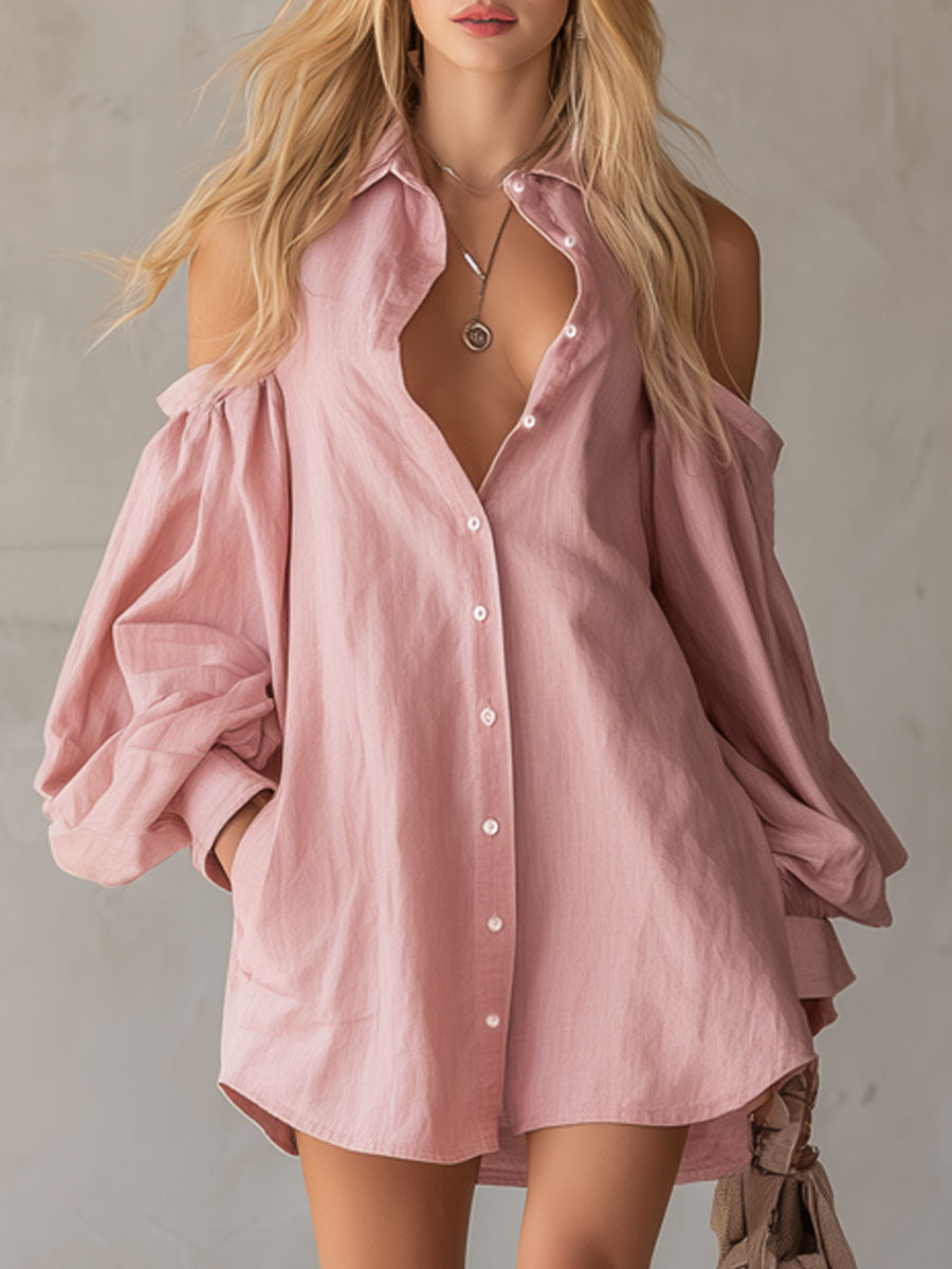 Pink Cotton-Linen Collared Off-Shoulder Long-Sleeved Shirt Dress