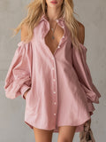 Pink Cotton-Linen Collared Off-Shoulder Long-Sleeved Shirt Dress