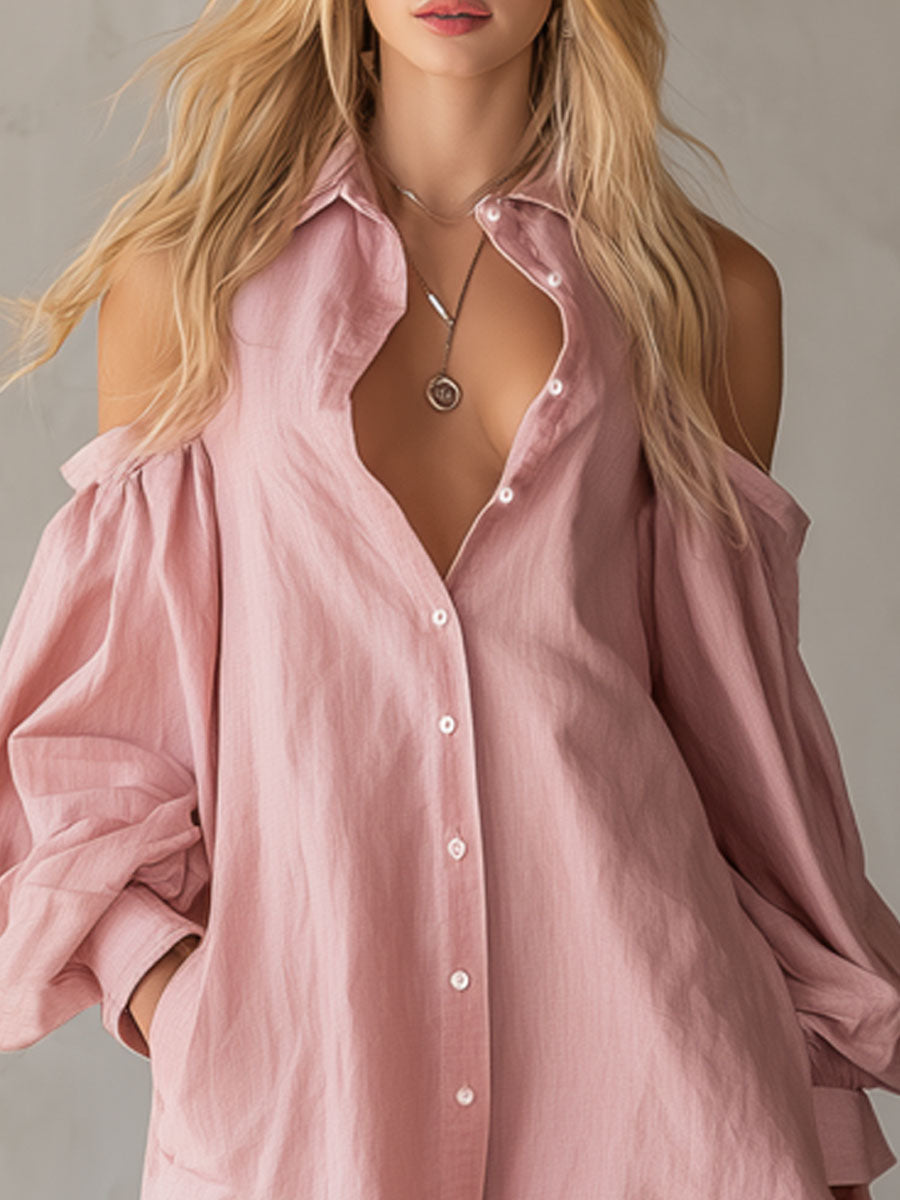 Pink Cotton-Linen Collared Off-Shoulder Long-Sleeved Shirt Dress