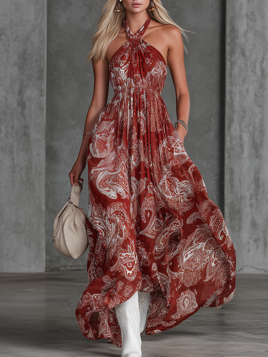 Retro Bohemian Holiday-Style Paisley Print Chiffon Halter Maxi Dress