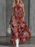 Retro Bohemian Holiday-Style Paisley Print Chiffon Halter Maxi Dress