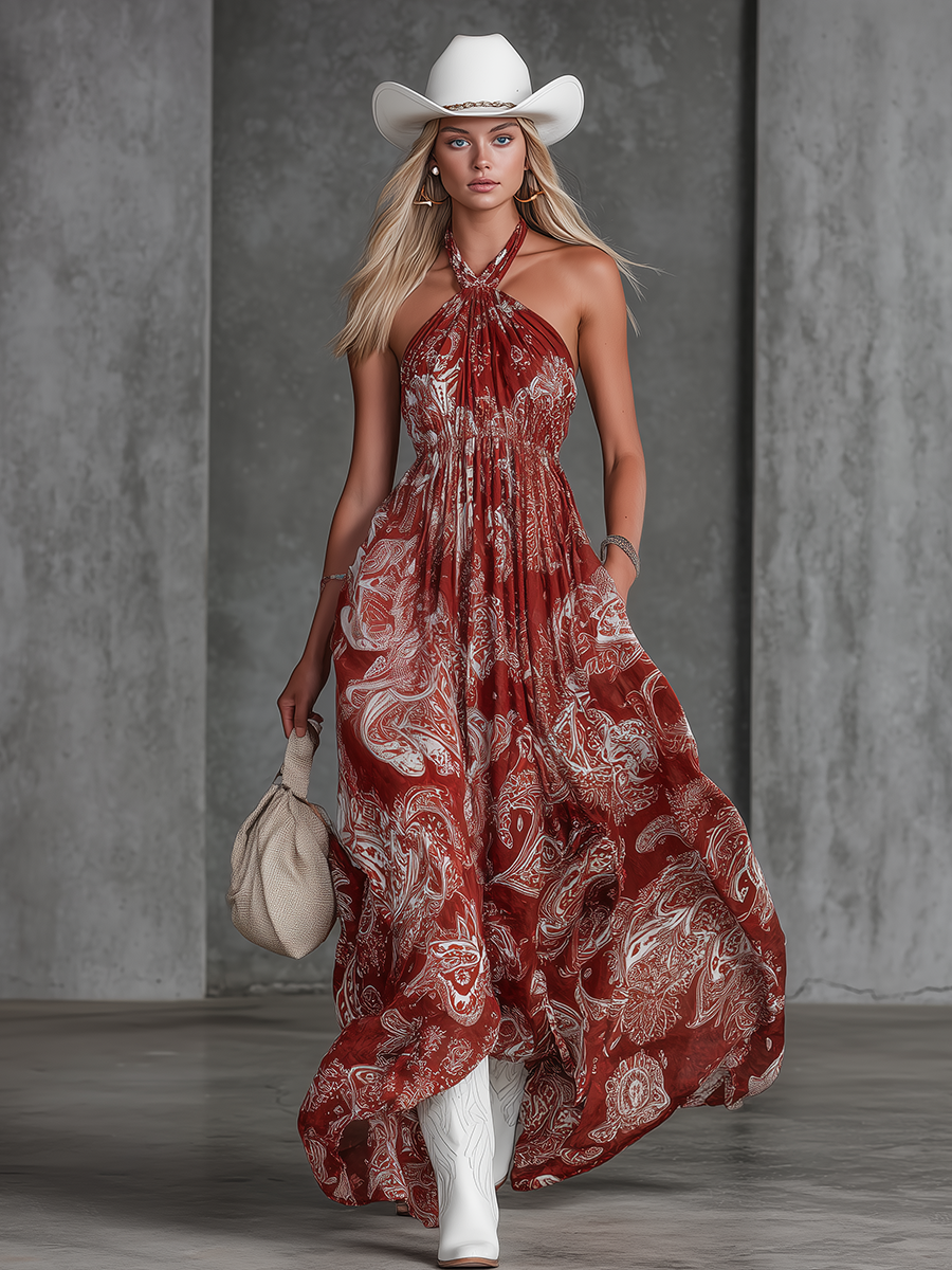 Retro Bohemian Holiday-Style Paisley Print Chiffon Halter Maxi Dress